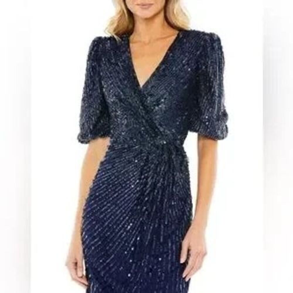 Mac Duggal NWT Sequin V-Neck‎ Short Puff Sleeve Midi Dress in Size 6 MSRP $498